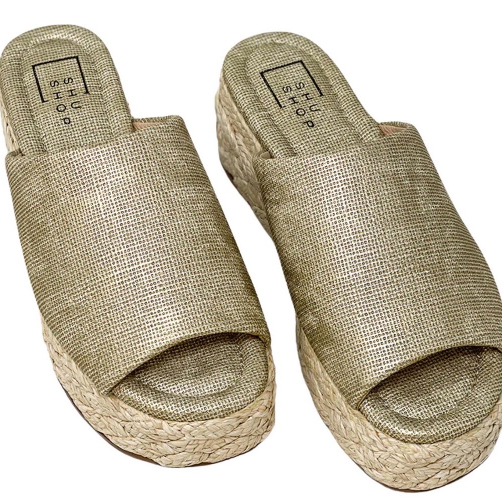 ShuShop Natural Gold Platform Espadrille Slide Sandals
